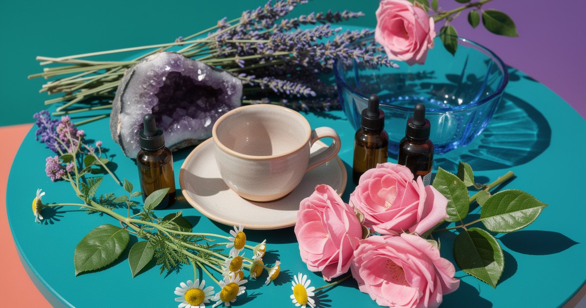 A round teal table with an amethyst geode, lavender bundles, a cream teacup, a blue glass bowl, two amber dropper bottles, pink roses and chamomile flowers.