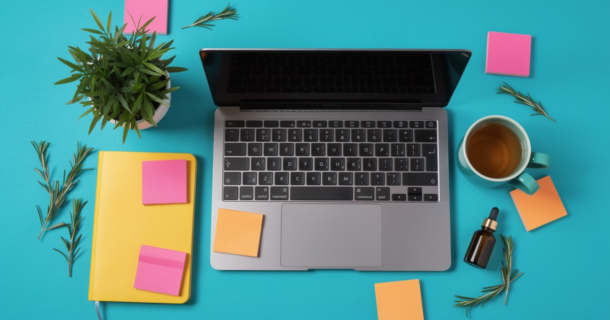An overhead view of a turquoise desk with an open laptop, a yellow notebook, pink and orange sticky notes, a mug of tea, a small plant, rosemary and an amber bottle.