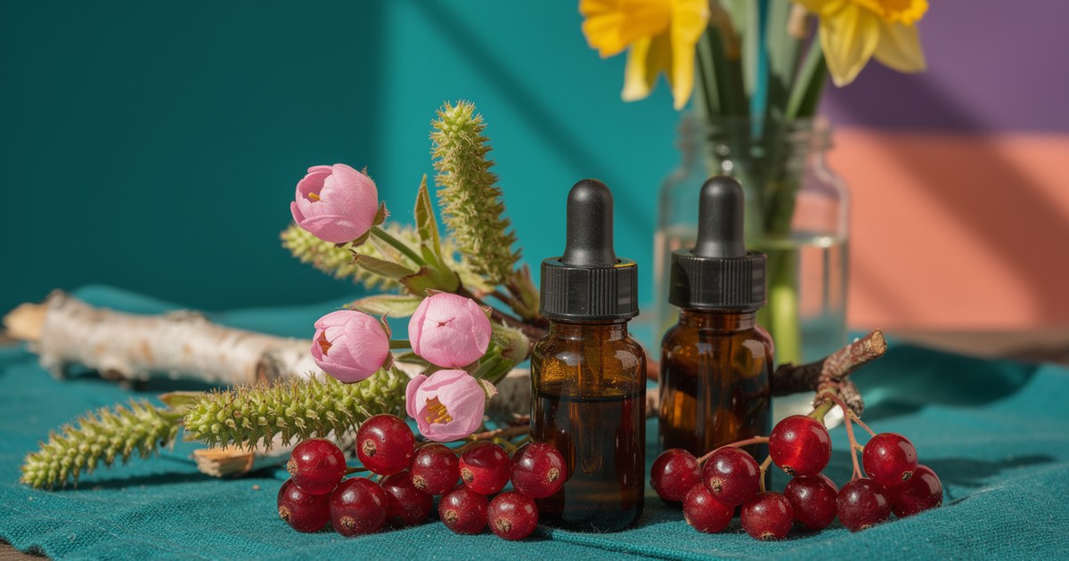 Two amber dropper bottles on a teal cloth with pink cherry buds, green catkins, a birch twig and clusters of red currants, with yellow daffodils in a jar behind.