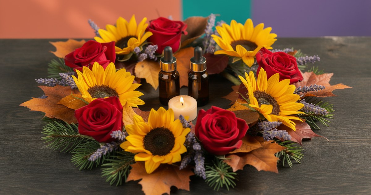 A ring of red roses, sunflowers, orange autumn leaves, pine sprigs and lavender around two amber dropper bottles and a small lit candle on a dark wood table.