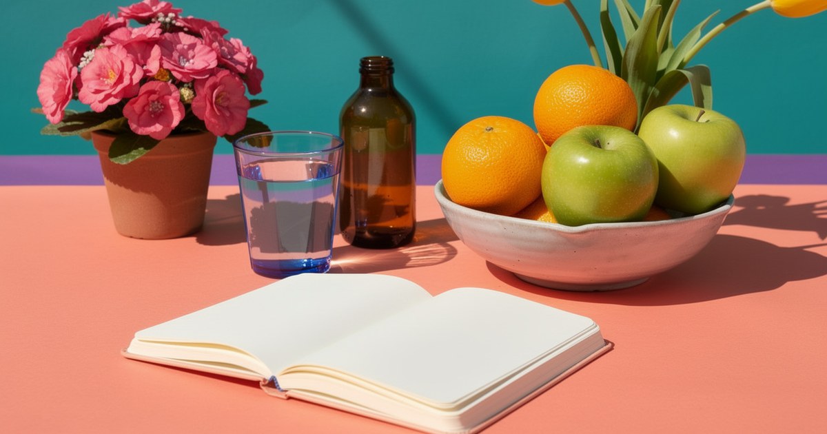 An open blank notebook on a coral table beside a blue glass of water, an amber bottle, a bowl of oranges and green apples and a pot of pink flowers.