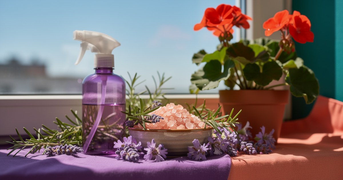 A violet spray bottle and a bowl of pink salt with rosemary and lavender on a purple and coral cloth, beside a pot of red geraniums at a sunny window.