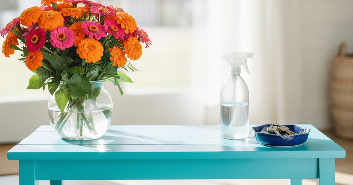 A turquoise entry bench with orange marigolds, pink zinnias and green leaves, an unlabeled glass spray bottle and house keys in a blue dish