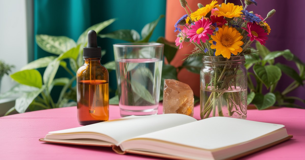 An amber dropper bottle, a glass of water, a citrine crystal and an open blank notebook on a pink table, with a jar of bright wildflowers and green plants behind.