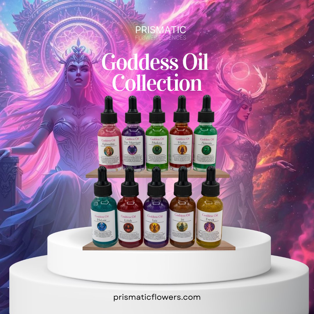 Ten Goddess Oil dropper bottles on wooden shelves, including Aphrodite, The Morrigan, Medusa, Hathor, Artemis, Hekate, Lilith, Isis and Freya