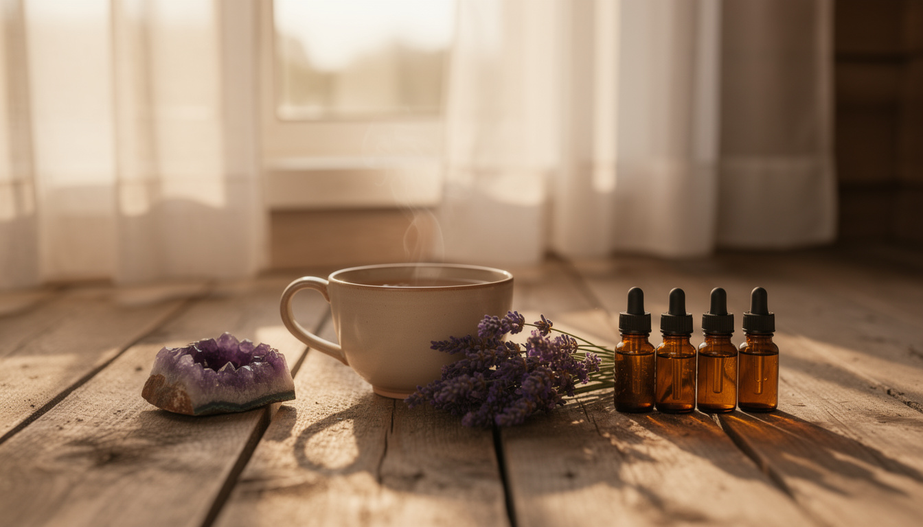 A steaming ceramic mug, a purple amethyst geode, a bundle of dried lavender and four amber dropper bottles arranged on weathered wood planks by a sunlit curtained window