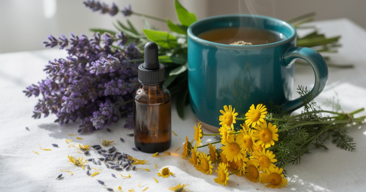 Sprigs of purple lavender and yellow chamomile beside a teal mug of tea and a small dropper bottle on white linen in soft window light