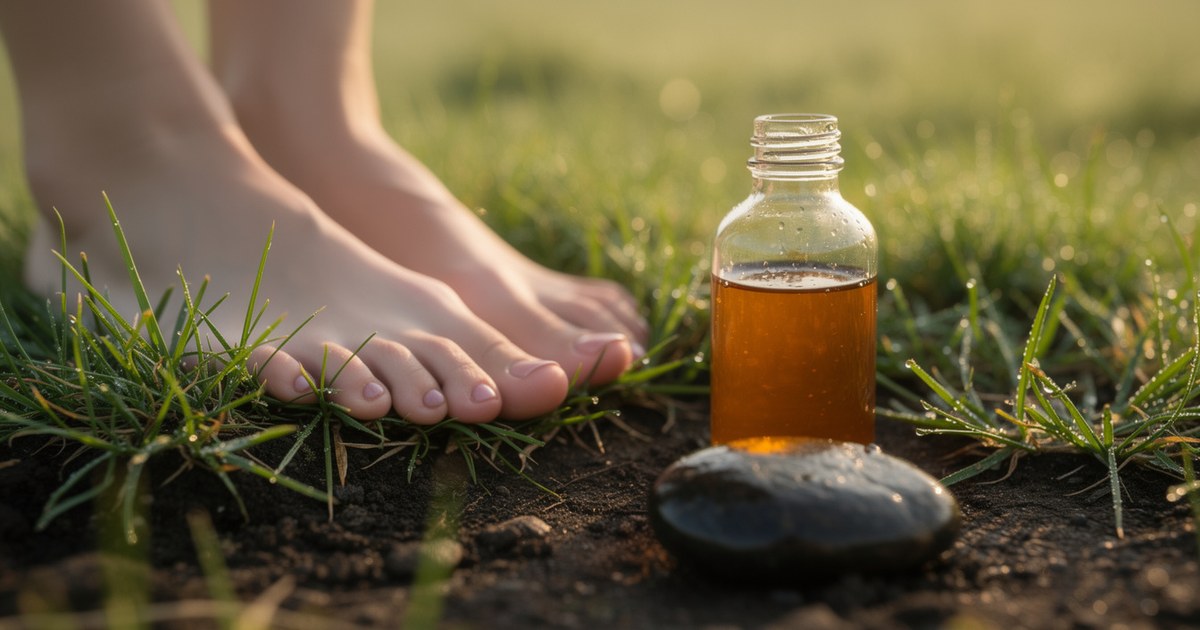Bare feet standing on dew-covered grass in early morning light, next to a small amber glass bottle resting on a smooth dark stone