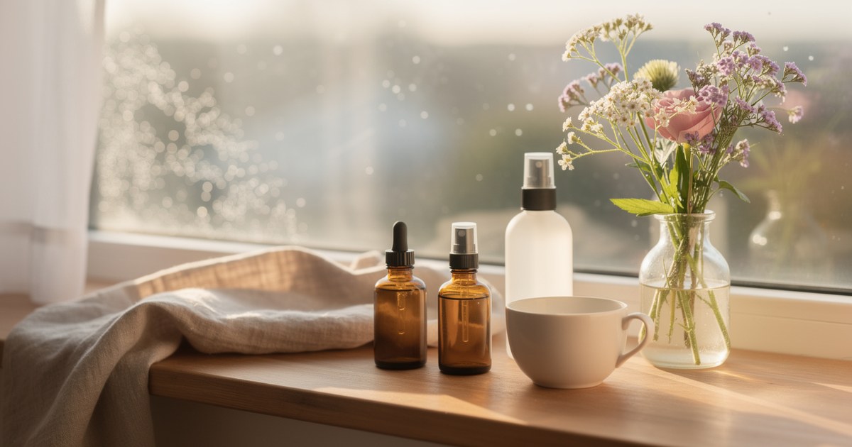 Two amber dropper bottles, a small amber spray bottle, a white mister bottle, a cream mug and a glass vase of pink and white wildflowers arranged on a sunlit wooden windowsill with a folded linen cloth