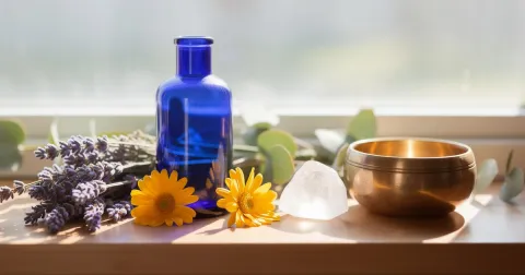 Sunlit windowsill with a blue glass bottle, fresh purple lavender, yellow daisies, green leaves and a clear quartz crystal beside a small brass bowl