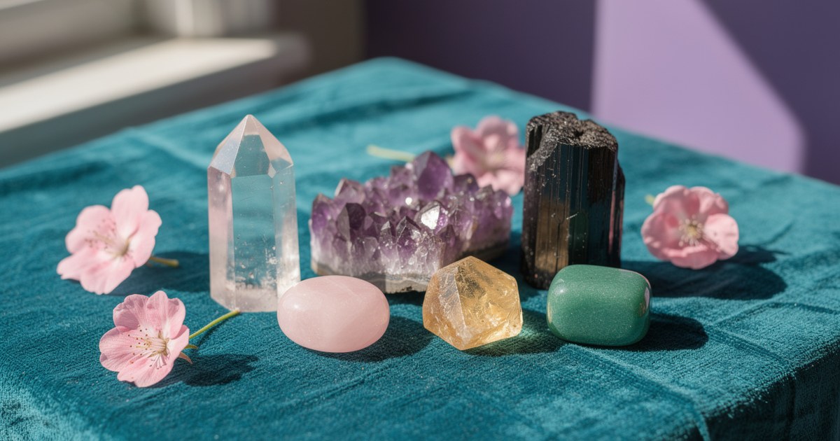A clear quartz point, an amethyst cluster, rose quartz, citrine, green aventurine and black tourmaline on a teal cloth with pink blossoms by a window.