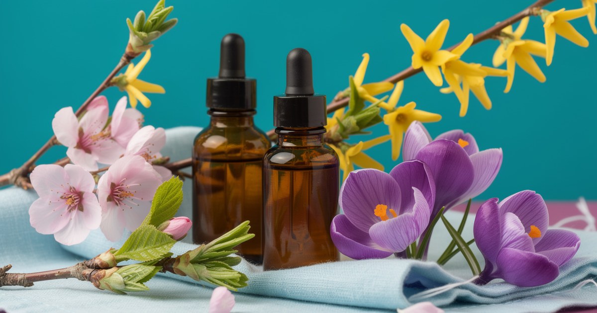 Two amber dropper bottles on a pale blue cloth among pink cherry blossoms, yellow forsythia, purple crocuses and fresh green leaf buds against a teal wall.