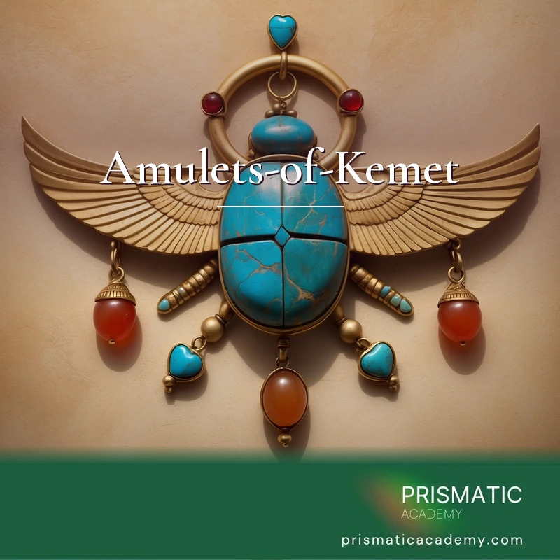 Amulets-of-Kemet distance Reiki attunement, Sacred protective amulets of ancient Egypt (golden scarab, red carnelian knot of Isis, djed pillar, heart amulet, winged by Prismatic Flower Essences