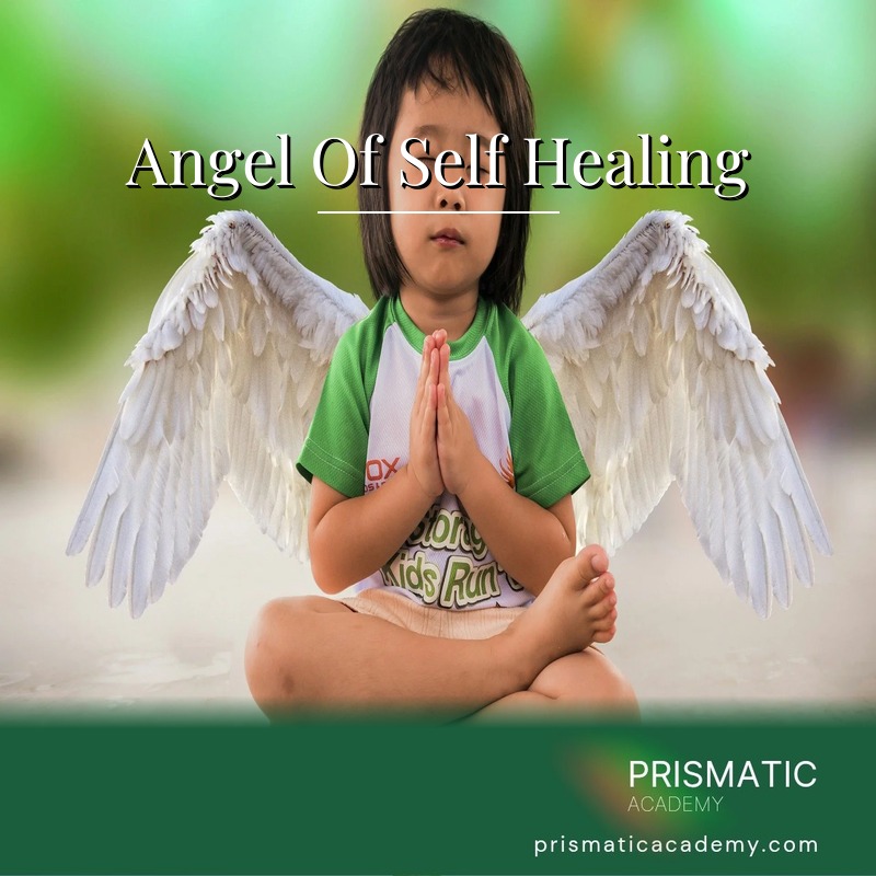Silver-white angel with hands on its own heart radiating healing light for Angel Of Self Healing