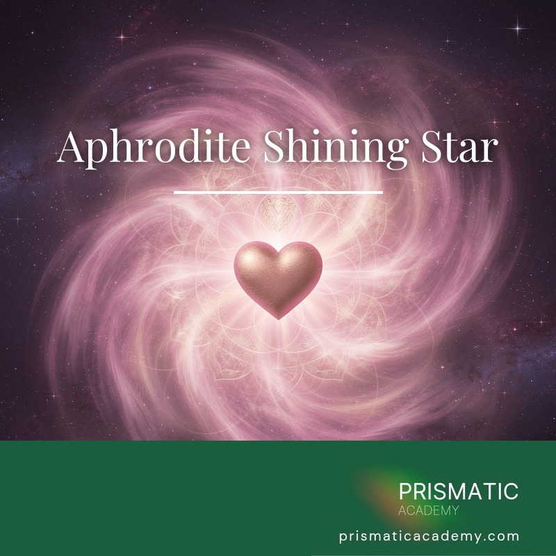 Aphrodite rising from sea foam in a shell with a rose-gold star for Aphrodite Shining Star