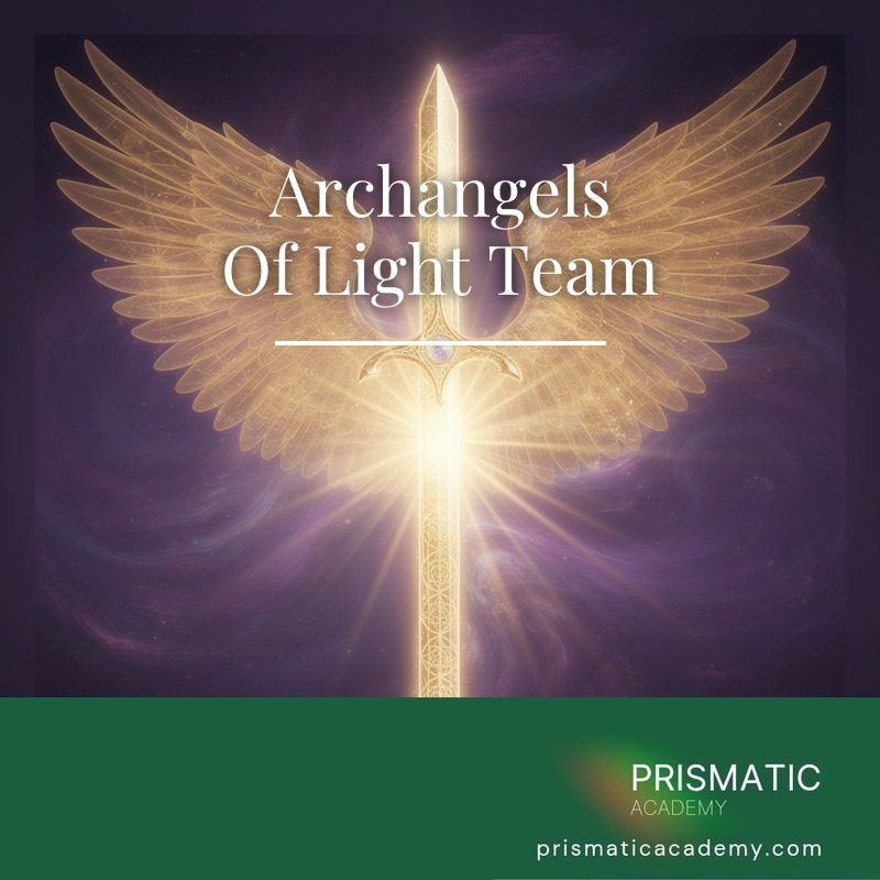 Group of golden archangels standing together for the Archangels of Light Team attunement