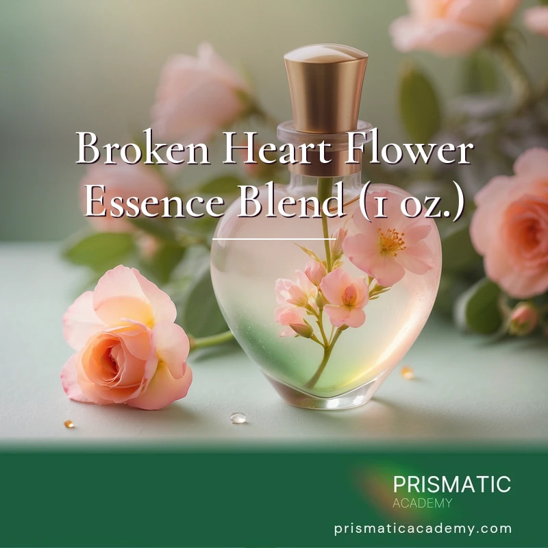 Broken Heart Flower Essence Blend (1 oz.) - A tender broken heart gently mending, cradled in soft blossoms beside a glowing amber essence dropper bottle