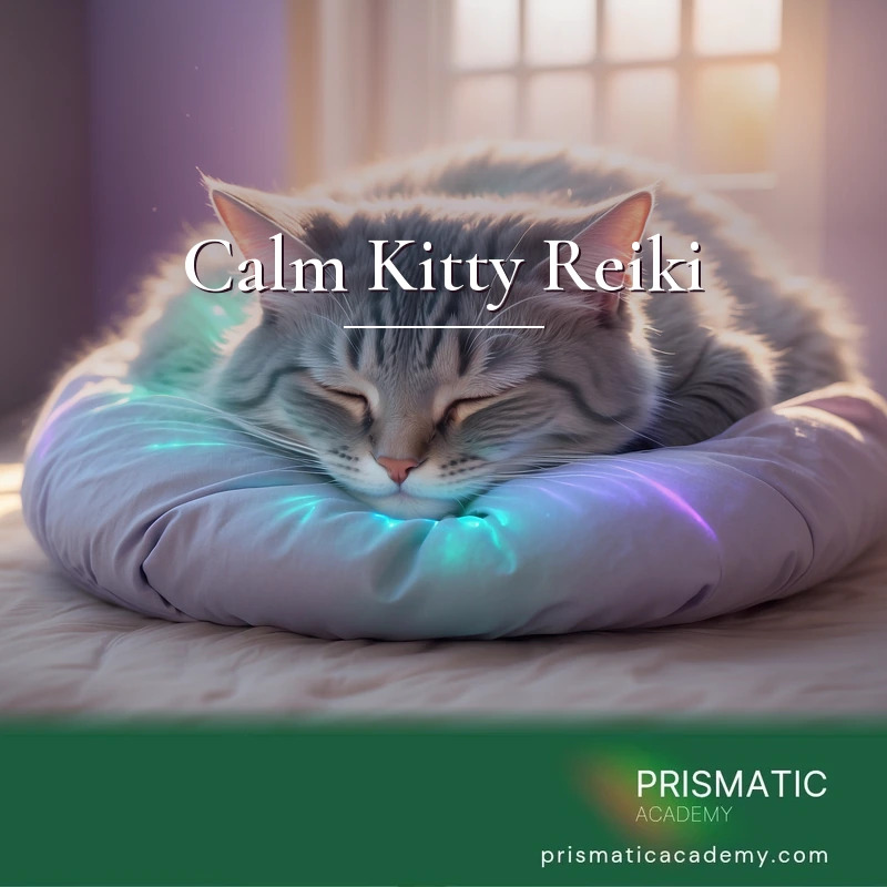 Calm Kitty Reiki distance Reiki attunement, A calm, serene cat receiving gentle feline calming energy by Prismatic Flower Essences