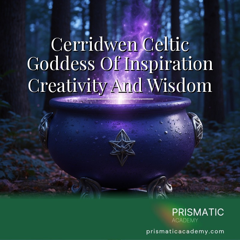 Celtic goddess Cerridwen tending a glowing amber cauldron in a misty forest