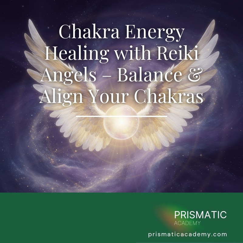 Meditating figure with seven rainbow chakra orbs and angel wings for Chakra Energy Healing