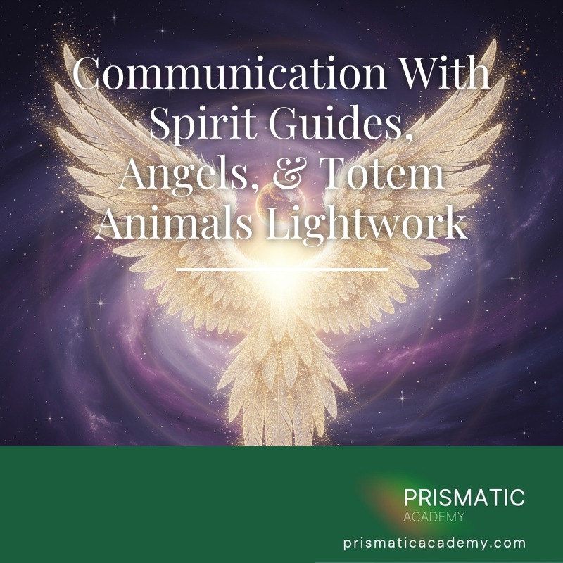 Figure among misty spirit guides, an angel, and a totem wolf for the Spirit Guides Communication lightwork