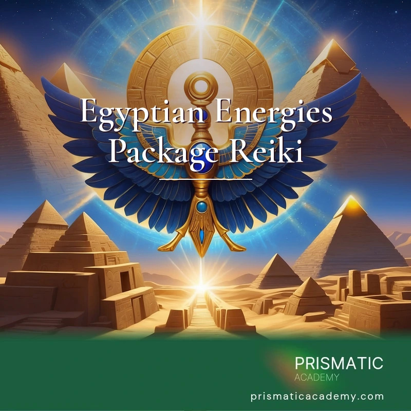 Egyptian Energies Package Reiki - Ancient Egyptian sacred symbols gathered together - a golden Ankh, the Eye of Horus, a winged scarab, hieroglyph panels and pyramids beneath a radiant solar disk.