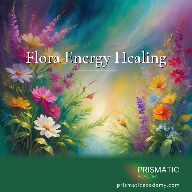 Flora Energy Healing - A luminous bouquet of vivid wildflowers radiating a prismatic aura of botanical healing energy