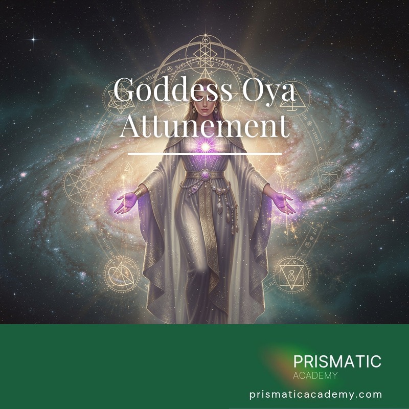 Storm goddess Oya amid a purple whirlwind and lightning for the Goddess Oya Attunement