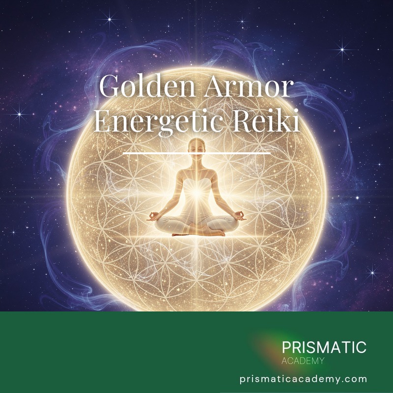 Figure in gleaming bronze-gold energetic armor for Golden Armor Energetic Reiki
