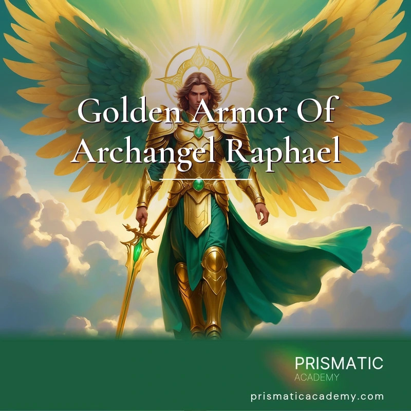 Golden Armor Of Archangel Raphael - Archangel Raphael, angel of healing, in radiant golden armor with emerald-green wings and a healer's staff