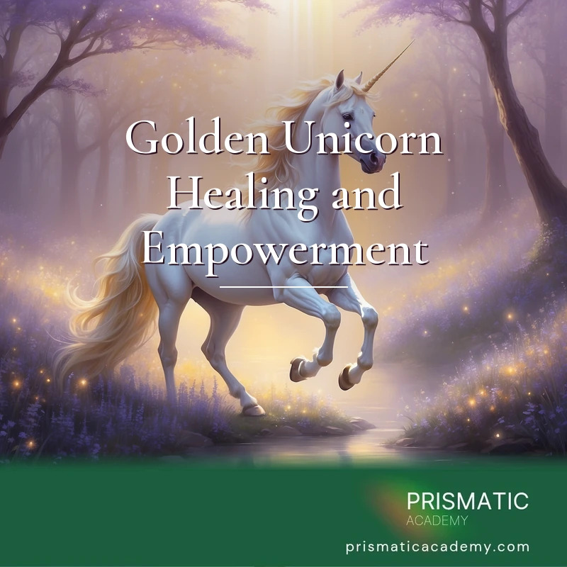 Golden Unicorn Healing and Empowerment distance Reiki attunement, The Golden Unicorn, radiating pure white and gold light that comes to a point at the tip of its spiraled horn by Prismatic Flower Essences
