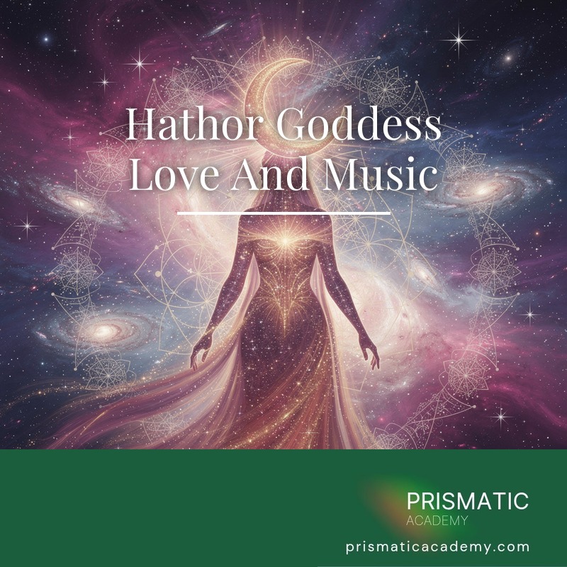 Egyptian goddess Hathor with cow-horn sun disk and music for the Hathor Goddess Love and Music attunement