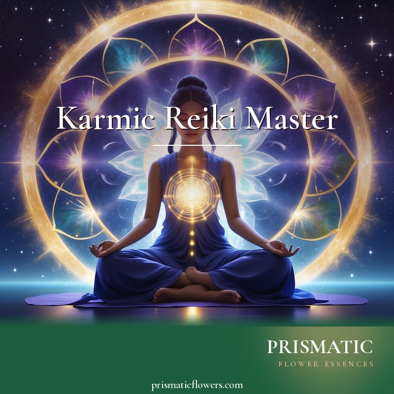 Karmic Reiki Master distance Reiki attunement, Master-level karmic energy and past-life clearing: a glowing wheel of karma with a column of white light descending thro by Prismatic Flower Essences