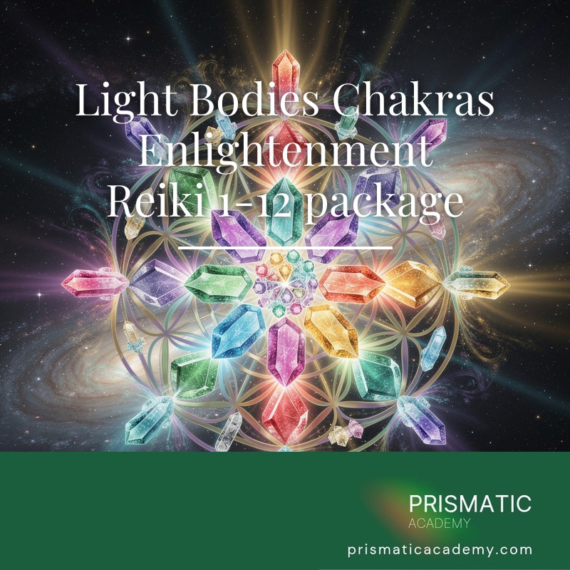 Figure with twelve prismatic iridescent light-body layers for Light Bodies Chakras Enlightenment Reiki