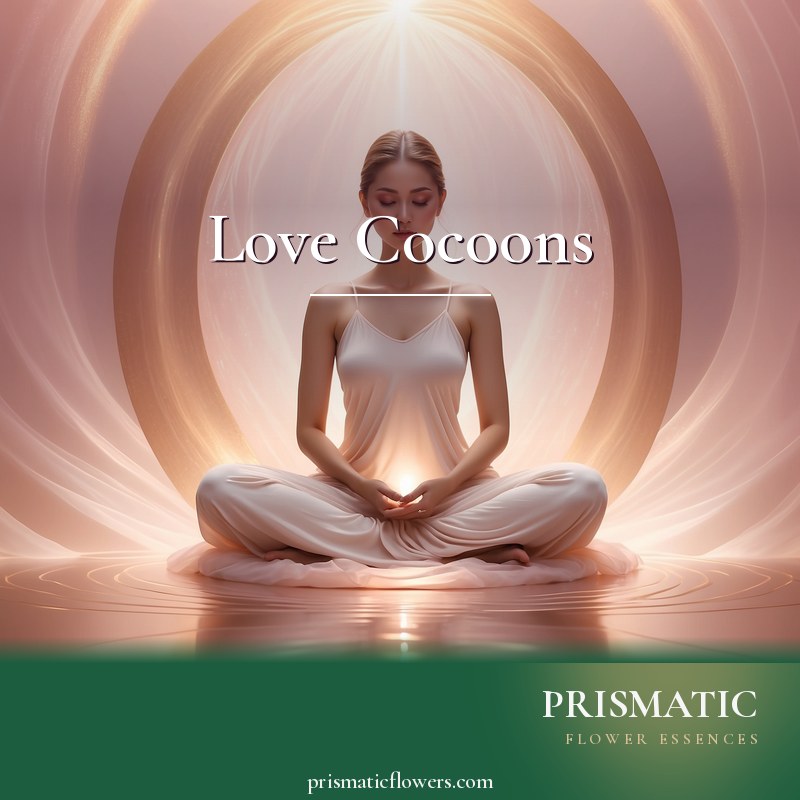 Love Cocoons distance Reiki attunement, an egg-shaped luminous cocoon of unconditional love enveloping a person's aura, a protective rose-gold shield of light t by Prismatic Flower Essences