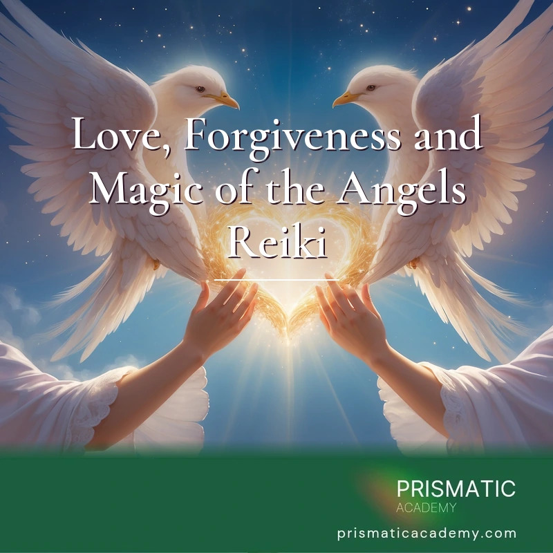 Love, Forgiveness and Magic of the Angels Reiki - Three radiant angels bestowing love and forgiveness around a glowing golden heart, wrapped in tender magical angelic light