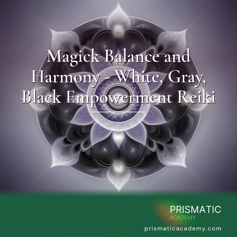 Magick Balance and Harmony - White, Gray, Black Empowerment Reiki - A balanced triad of white, gray, and black energies swirling in perfect magickal harmony, a mystical equilibrium mandala