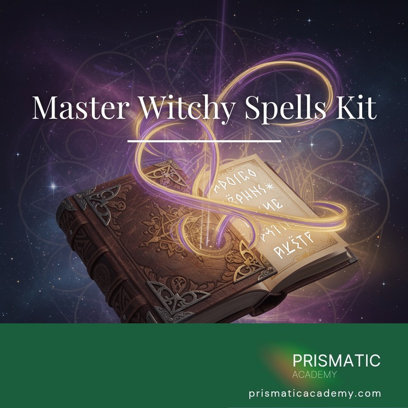 Amethyst-lit witch altar with spellbook and candles for the Master Witchy Spells Kit