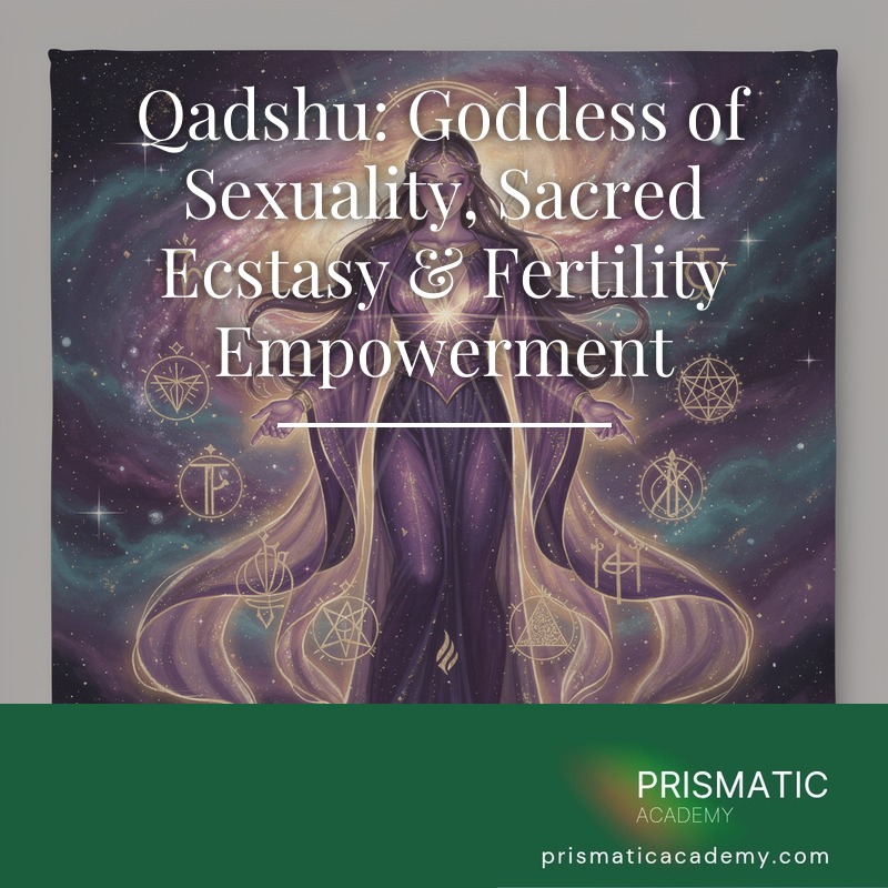 Goddess Qadshu standing on a lion with lotus and serpents for the Qadshu fertility empowerment