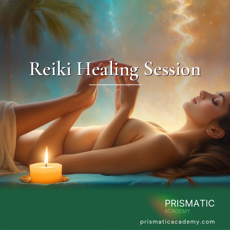 Reiki Healing Session - A Reiki practitioner's serene hands hovering above a reclining person, radiating warm golden healing light into glowing energy centers