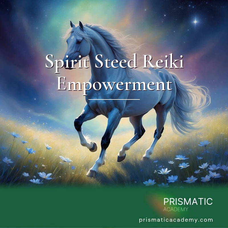 Spirit Steed Reiki Empowerment - A luminous ethereal spirit horse (spirit steed) galloping through starlight, radiating Reiki healing energy