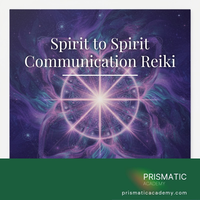 Two spirit figures connected by lavender light for the Spirit to Spirit Communication Reiki