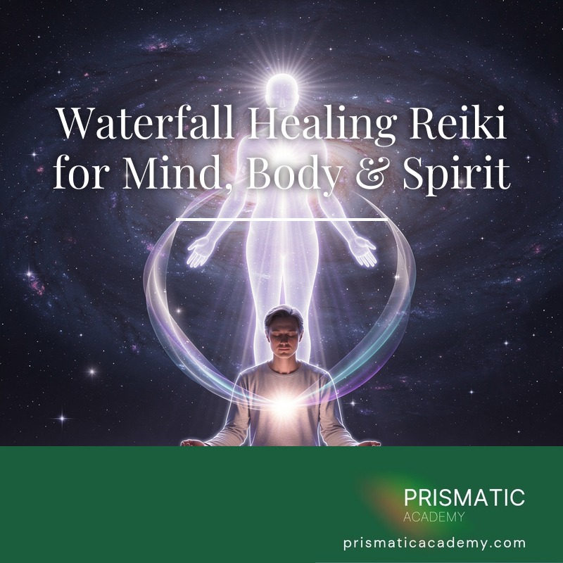 Glowing turquoise waterfall in a misty grotto for Waterfall Healing Reiki