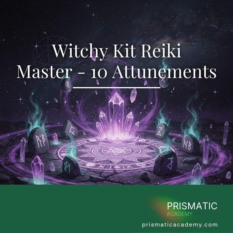 Glowing witch altar with candles and crystals for the Witchy Kit Reiki Master set
